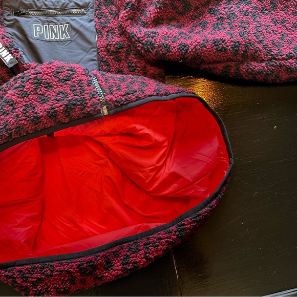 PINK medium Retro Fleece Leopard Print Pink and Black Zip Up Sweater Sweatshirt - Picture 5 of 10